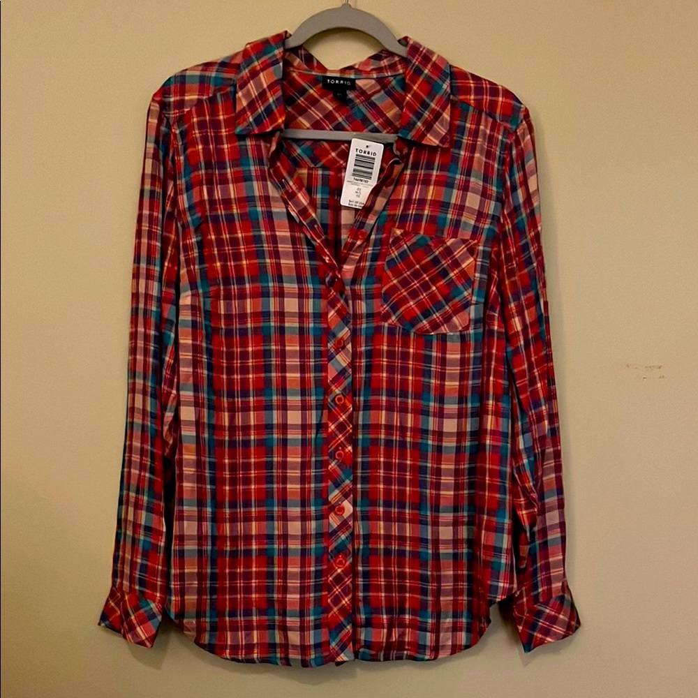 Torrid Pink and Blue Plaid Button Down Shirt